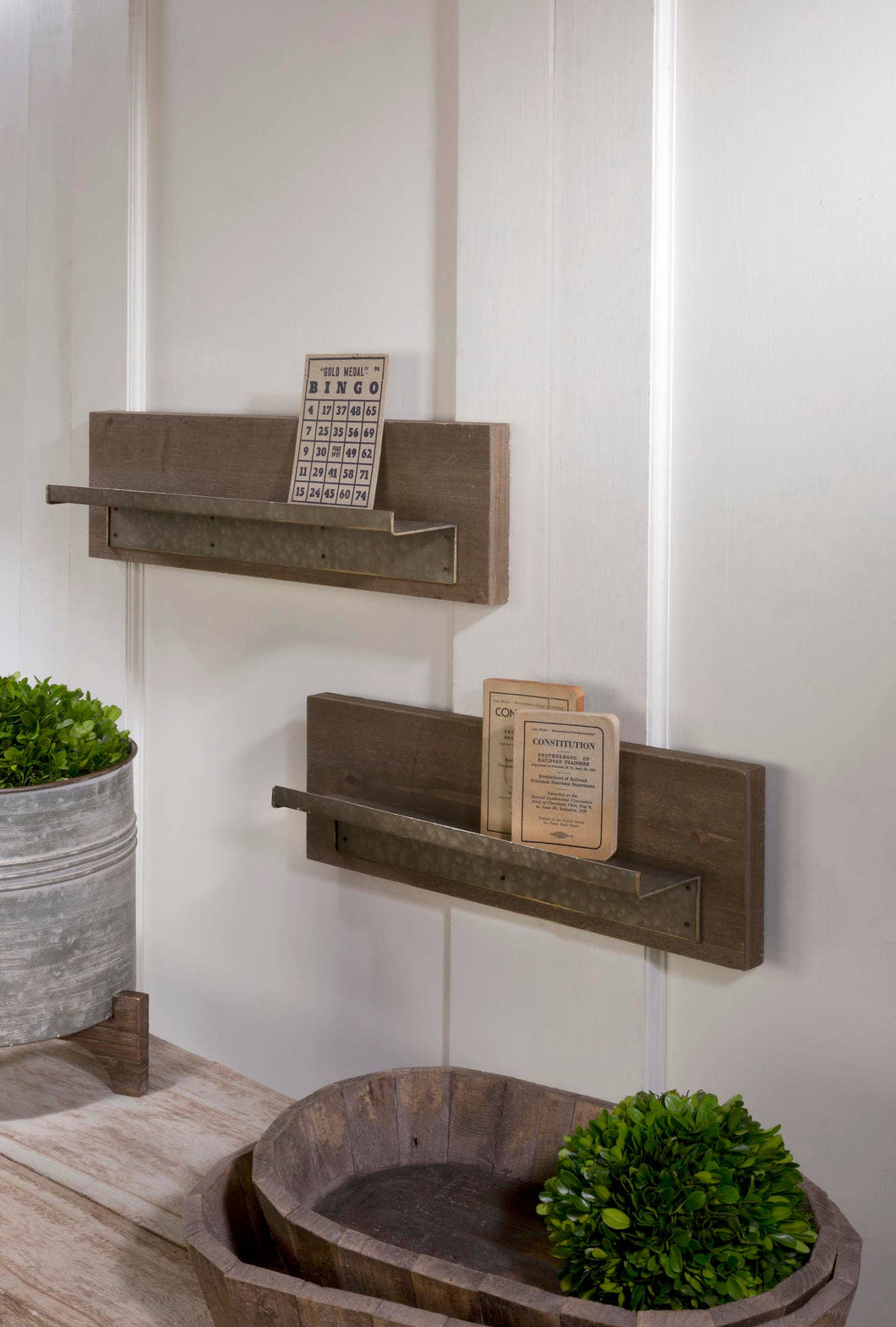Wood Shelf with Metal Ledge - Set of 2