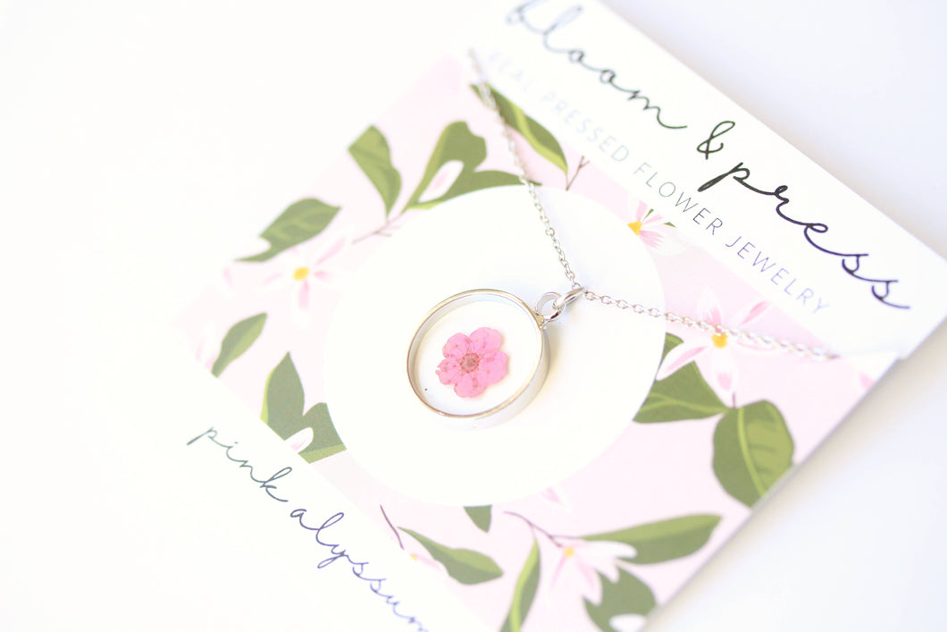 Pink Flower Silver Pressed Flower Necklace