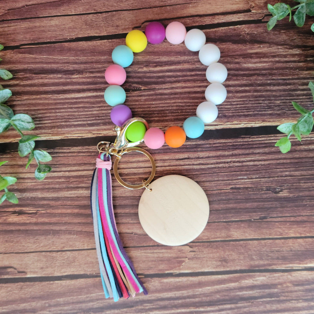 Silicone bead keychain bracelet, rainbow wristlet, laser engraving blank, silicone bead wristlet, wood disc for engraving