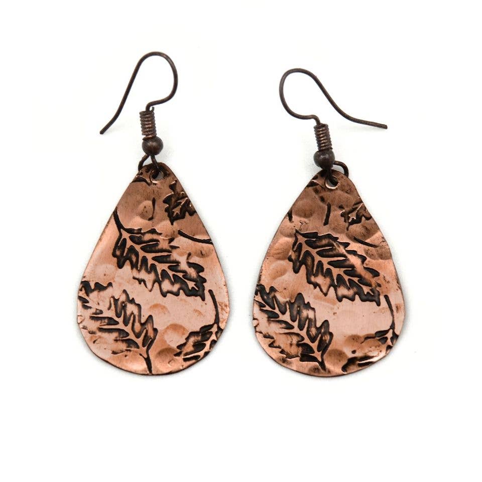 Oak Leaves Copper Engraved Earrings