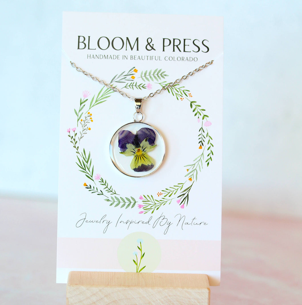 Pansy Silver Pressed Flower Necklace