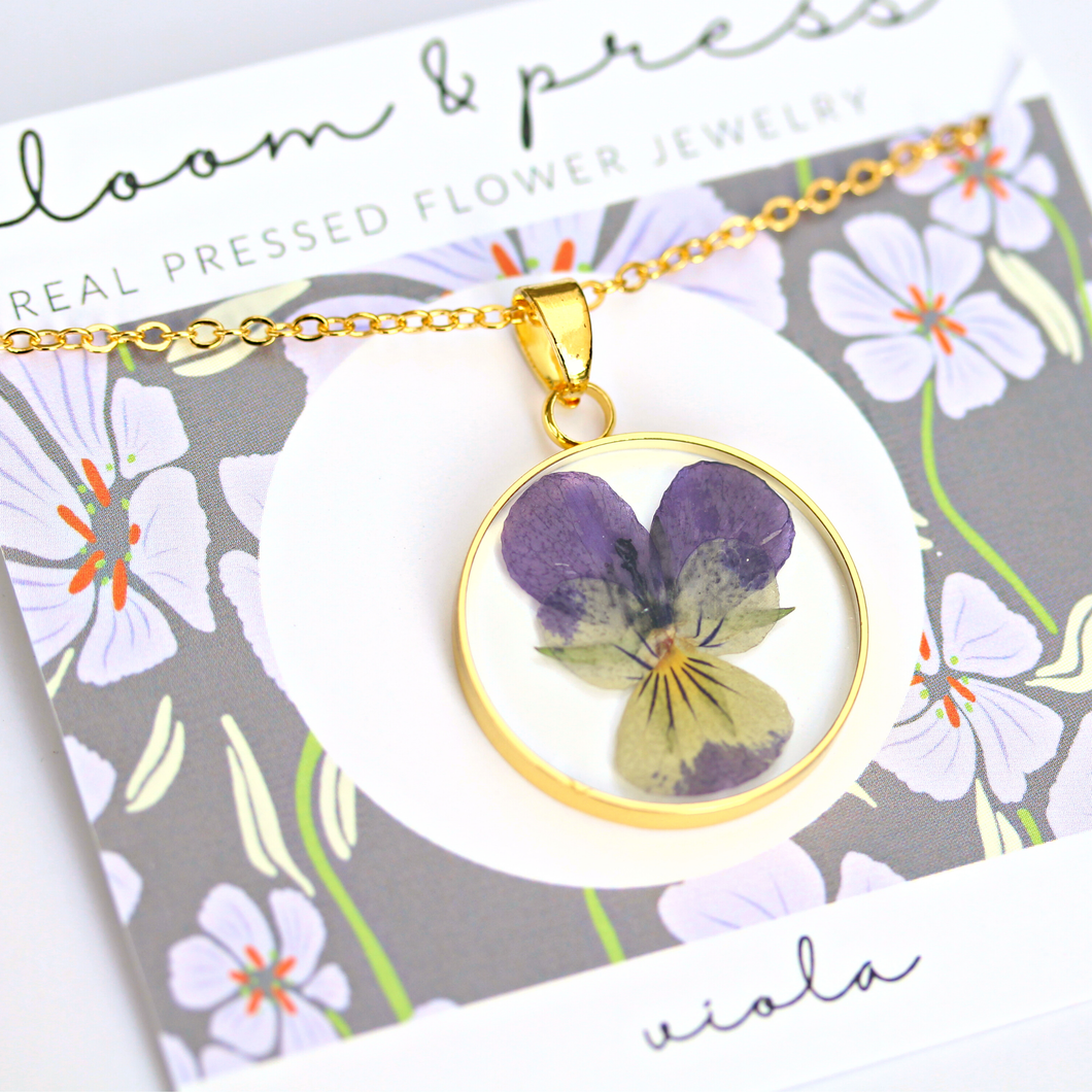 Viola Gold Pressed Flower Necklace Purple Flower Necklace