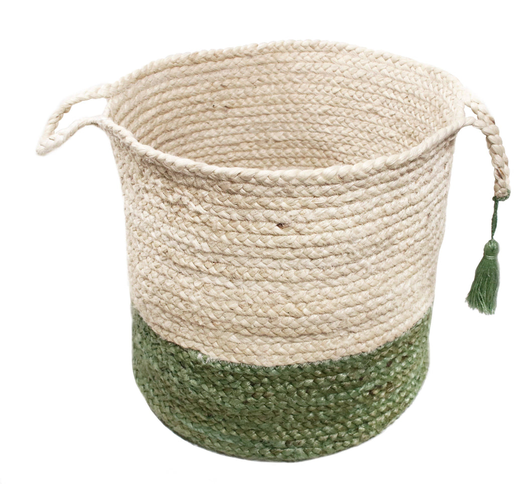 Two-Tone Off-White Jute Storage Basket with Handles